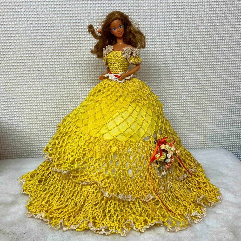 Barbie Doll with Yellow Dress and Orange Flower/baby pearl accents
